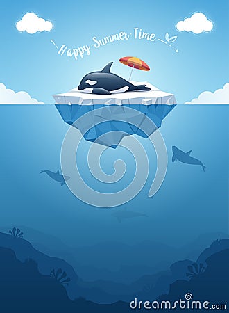 Orca or killer whale sleeping on the iceberg with above and underwater view. Vector illustration. Vector Illustration